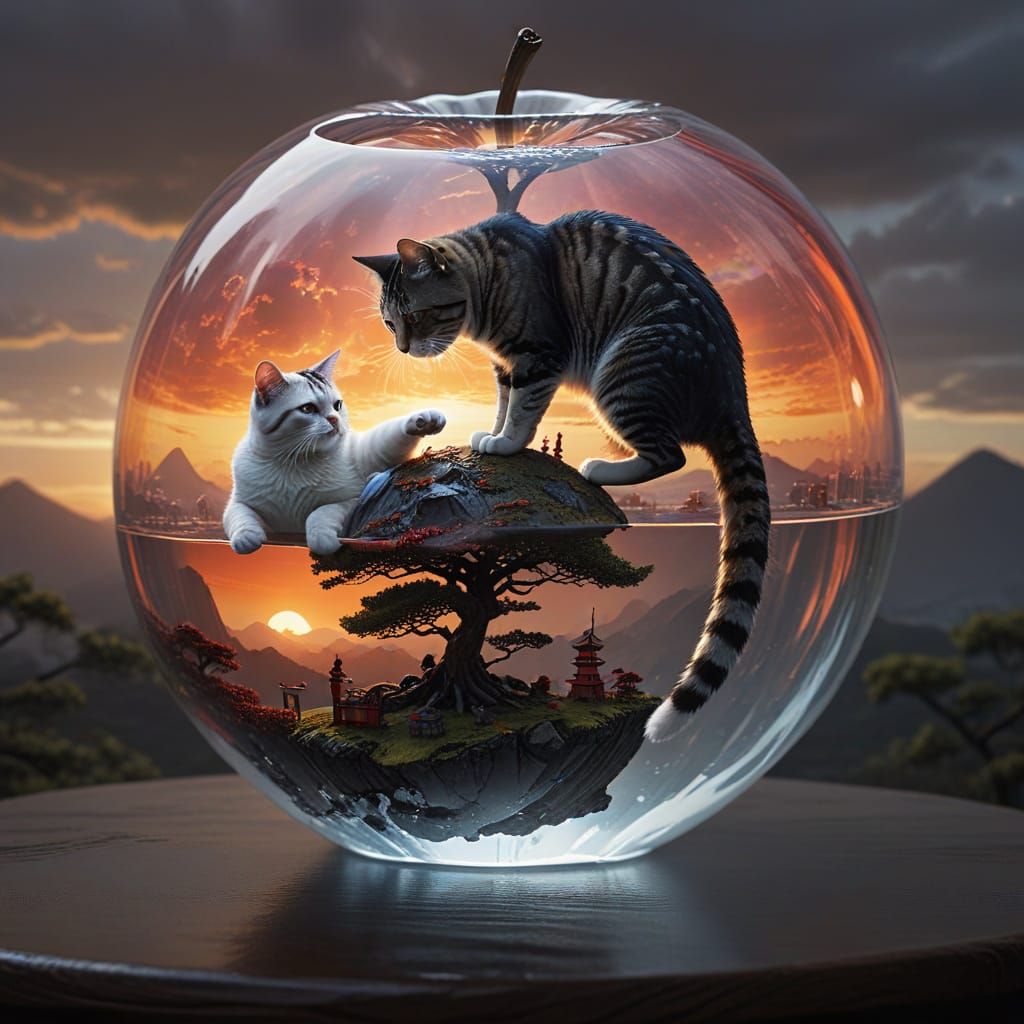 Cats' Karate Match Inside Glass Apple, Matte Painting