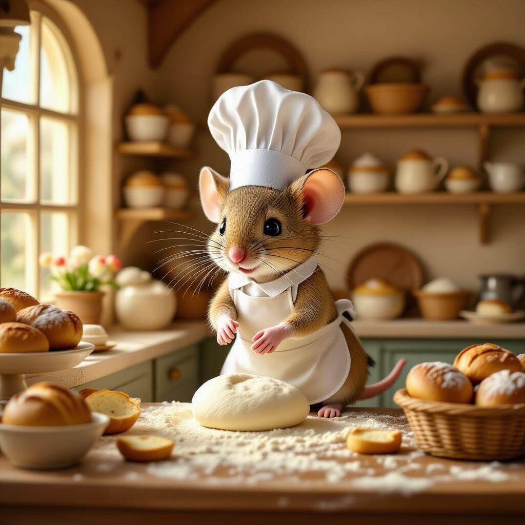 Tiny Mouse Baker Kneading Dough in Miniature Bakery
