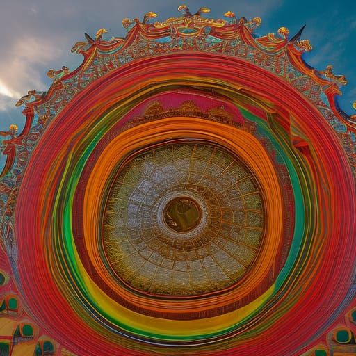 Golden Jeweled Fountain in City Square at Twilight
