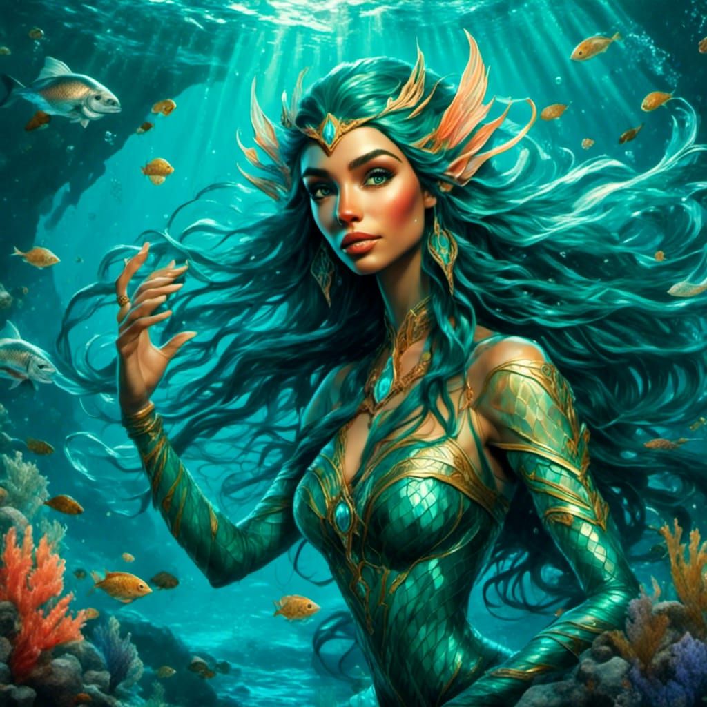 Underwater Elf Sorceress in Fantasy Illustration Style