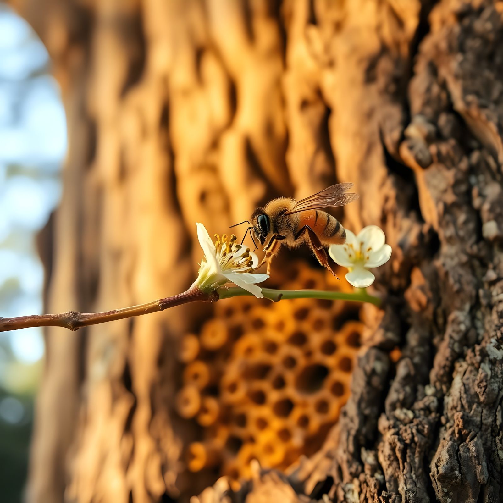Realistic Bee Collecting Nectar in Tree Background