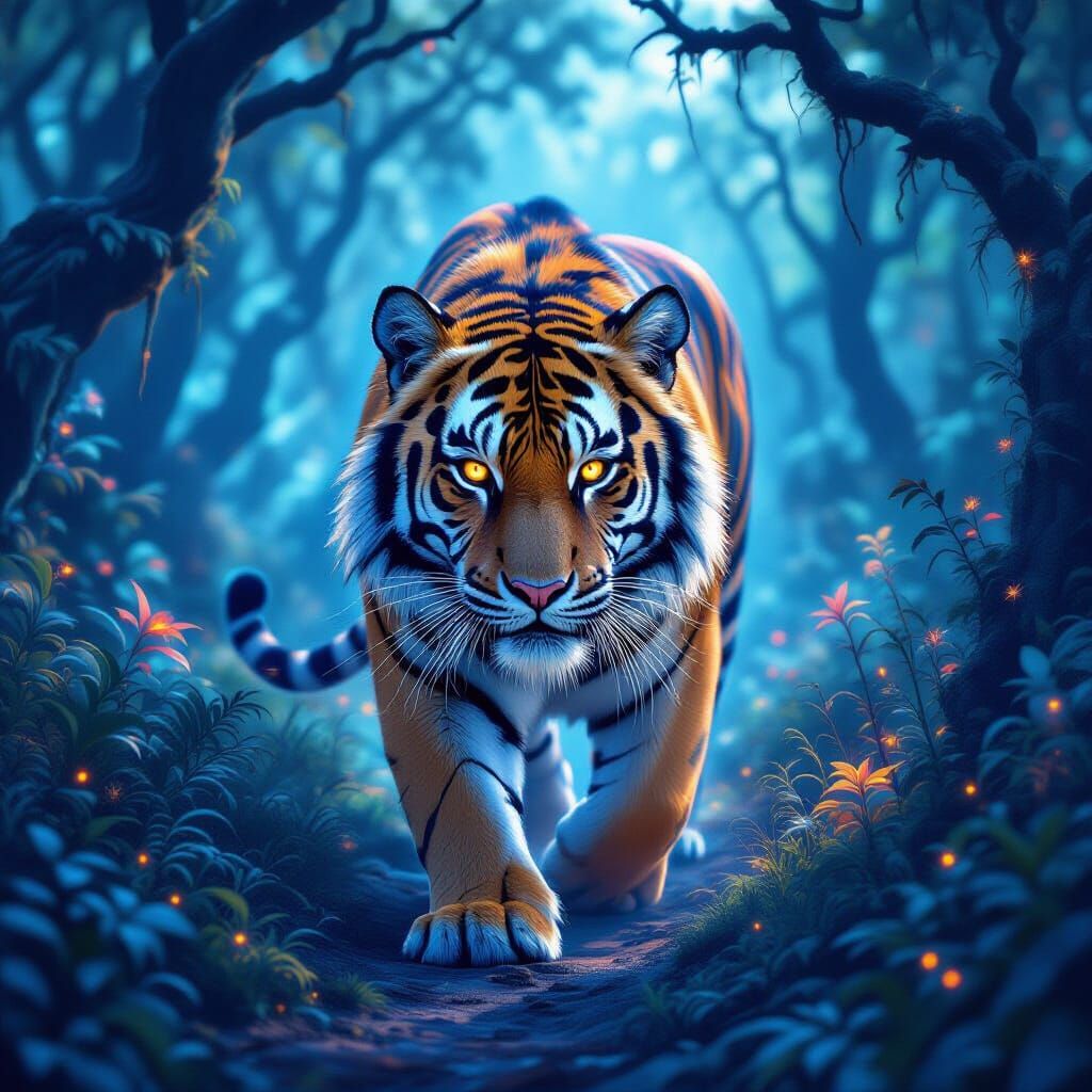 Cosmic Tiger in Bioluminescent Forest Digital Painting