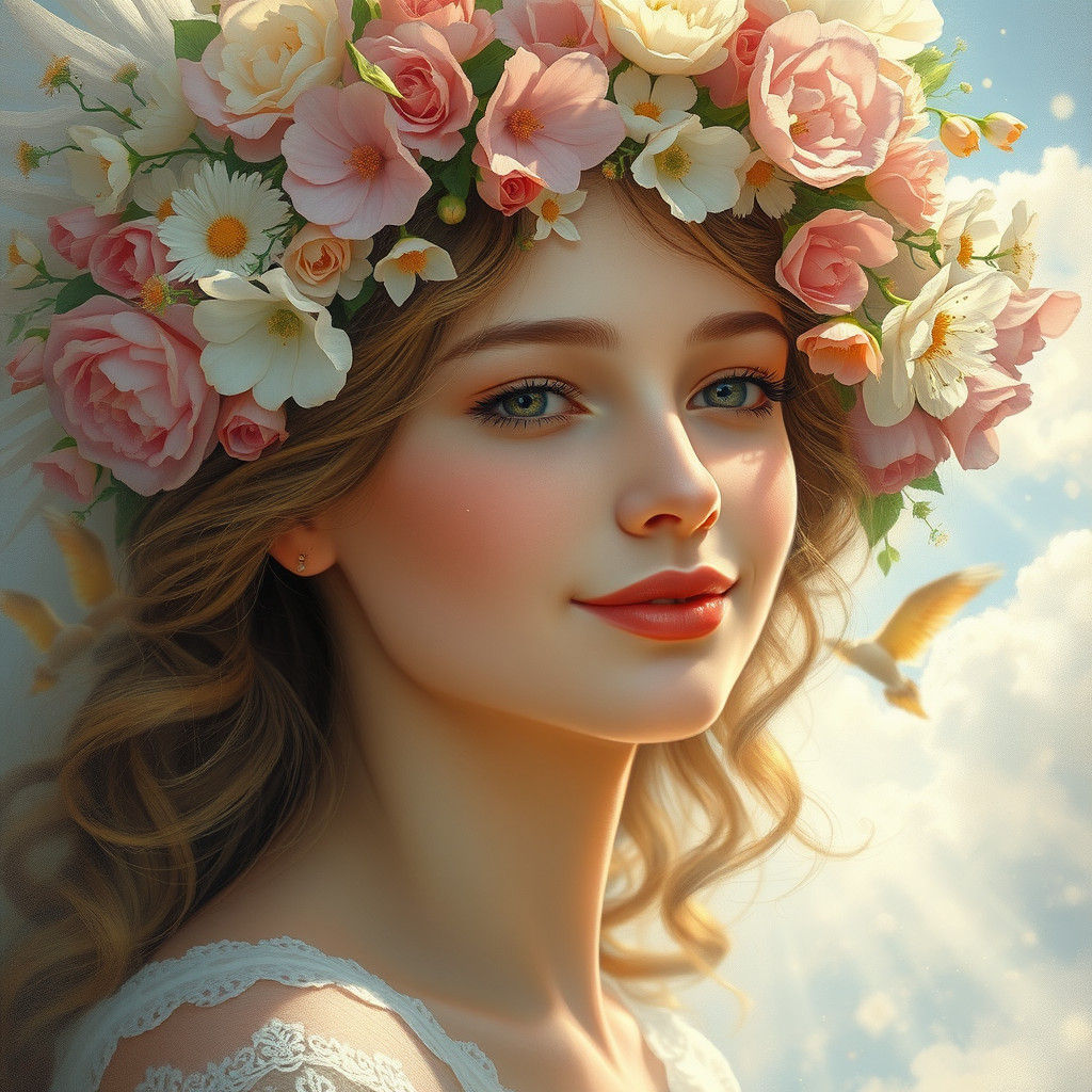 Ethereal Woman Surrounded by Angelic Floral Messages