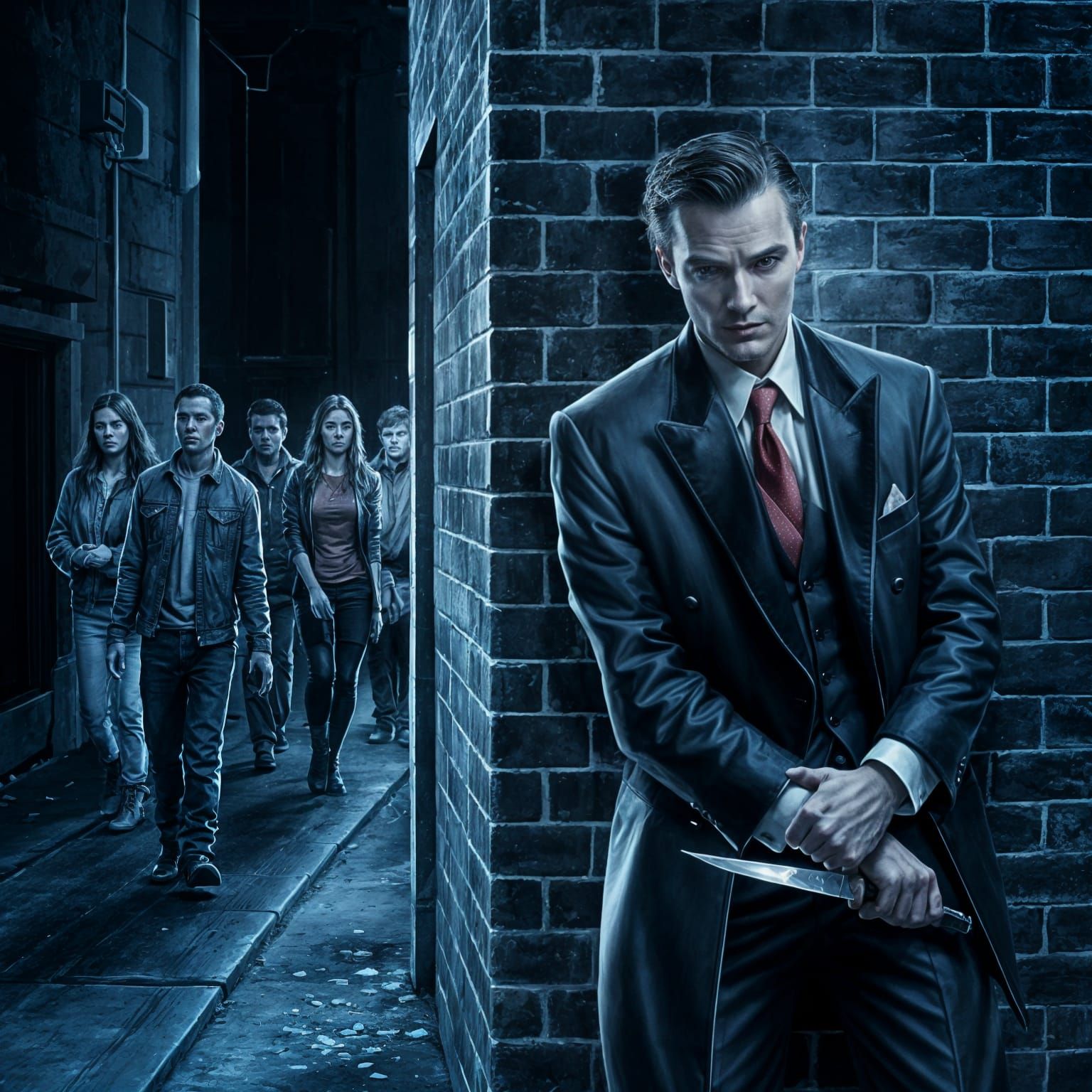 Deceptive Gentleman with Knife in Dark Alleyway