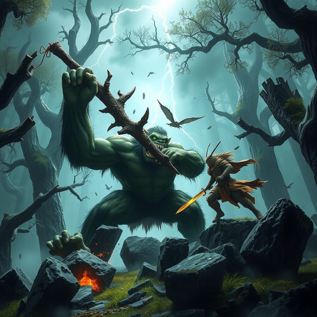 Forest Troll in Combat with Warrior in Ancient Forest