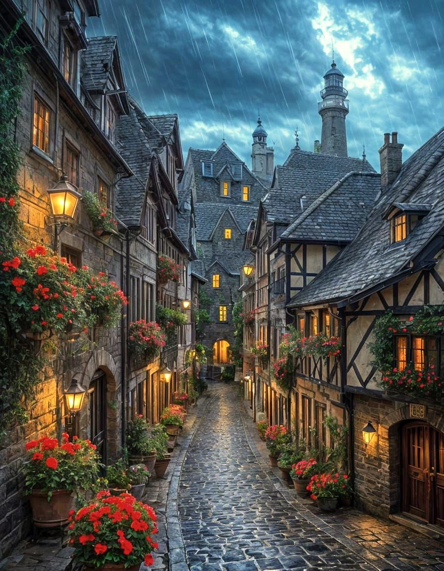 Enchanting Rainy Evening in Picturesque Town: Dark Fantasy I...