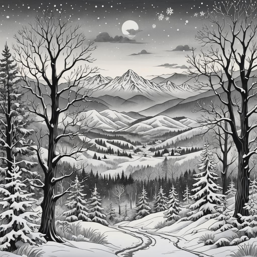 Whimsical Winter Landscape in Black and White