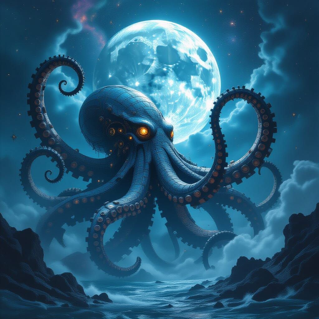 Clockwork Kraken Rises from Cosmic Ocean to Shattered Moon