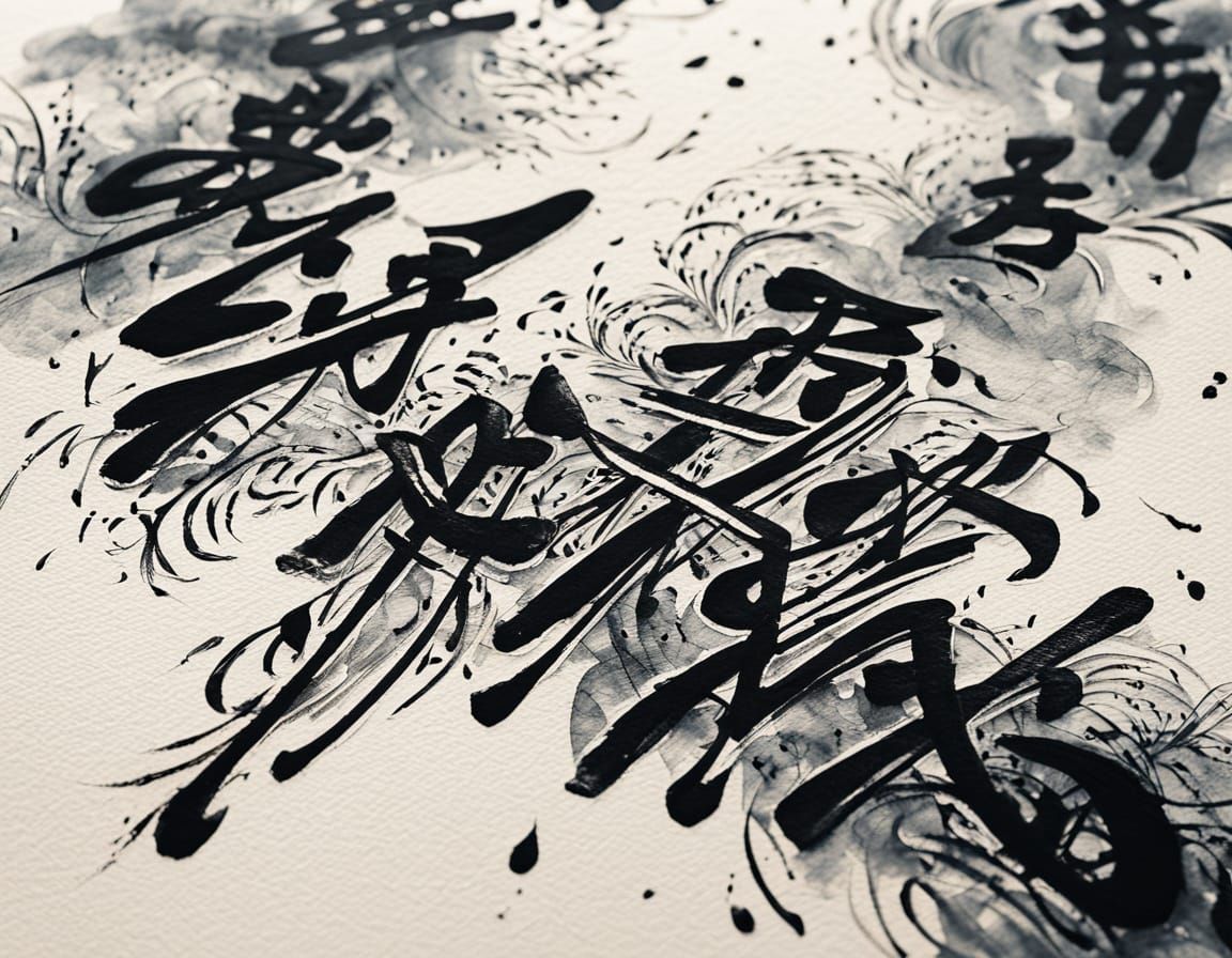 Elegant Calligraphy Hand in Sumi-e Style Illustration