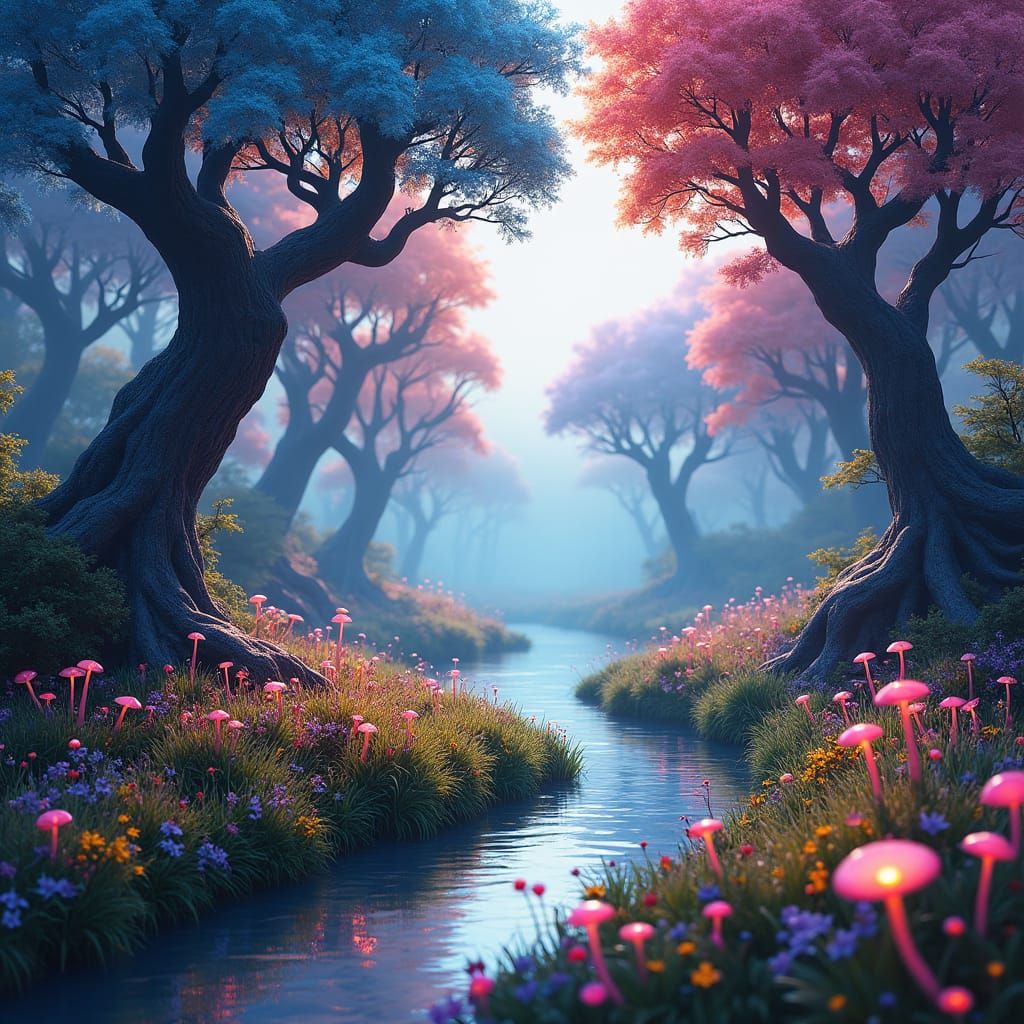 Enchanted Forest: Iridescent Trees and Braided River