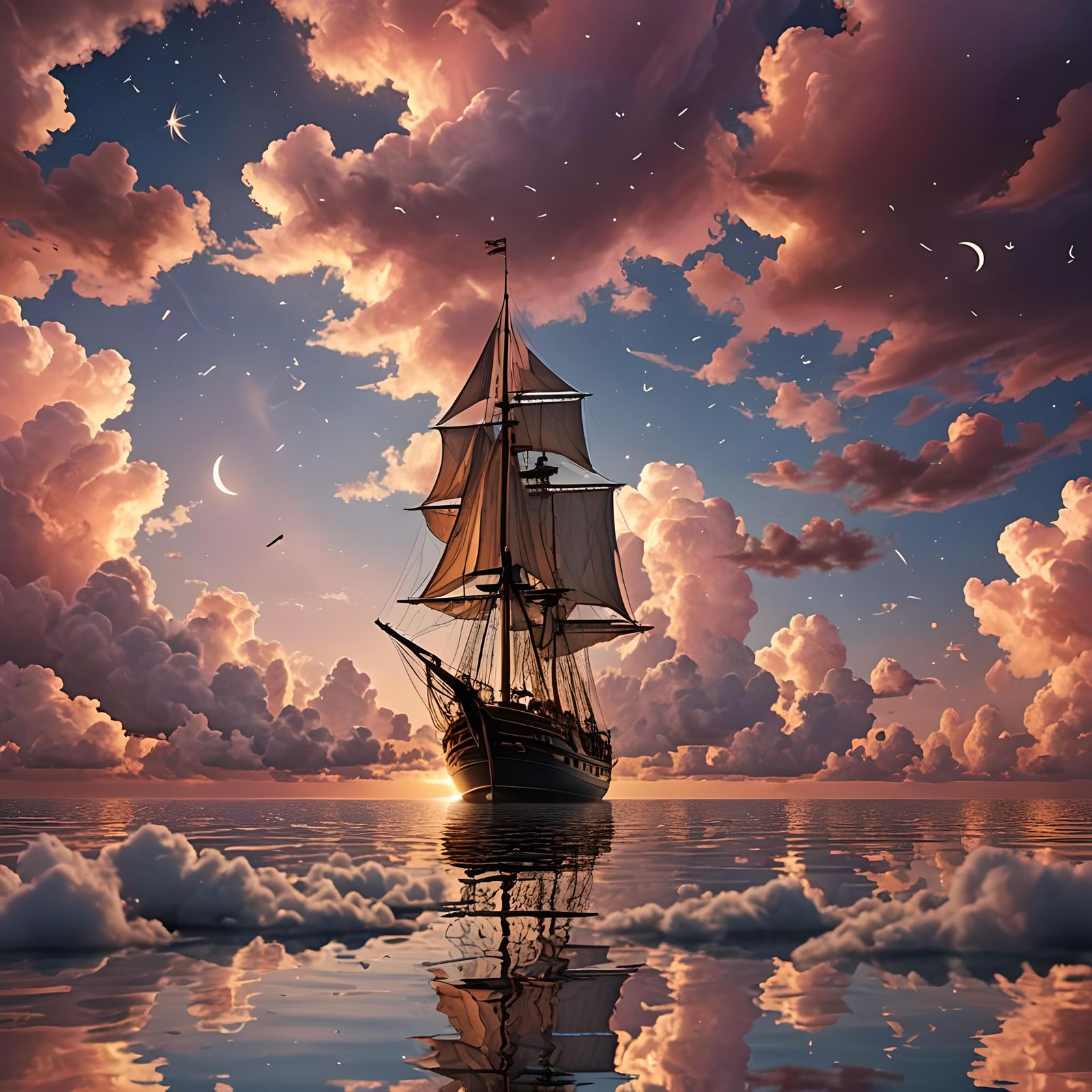 Sailboat on Clouds at Sunset: Fantasy Concept Art