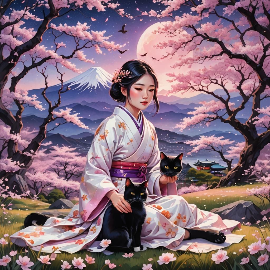 Japanese Girl with Cat in Astral Cherry Blossom Field