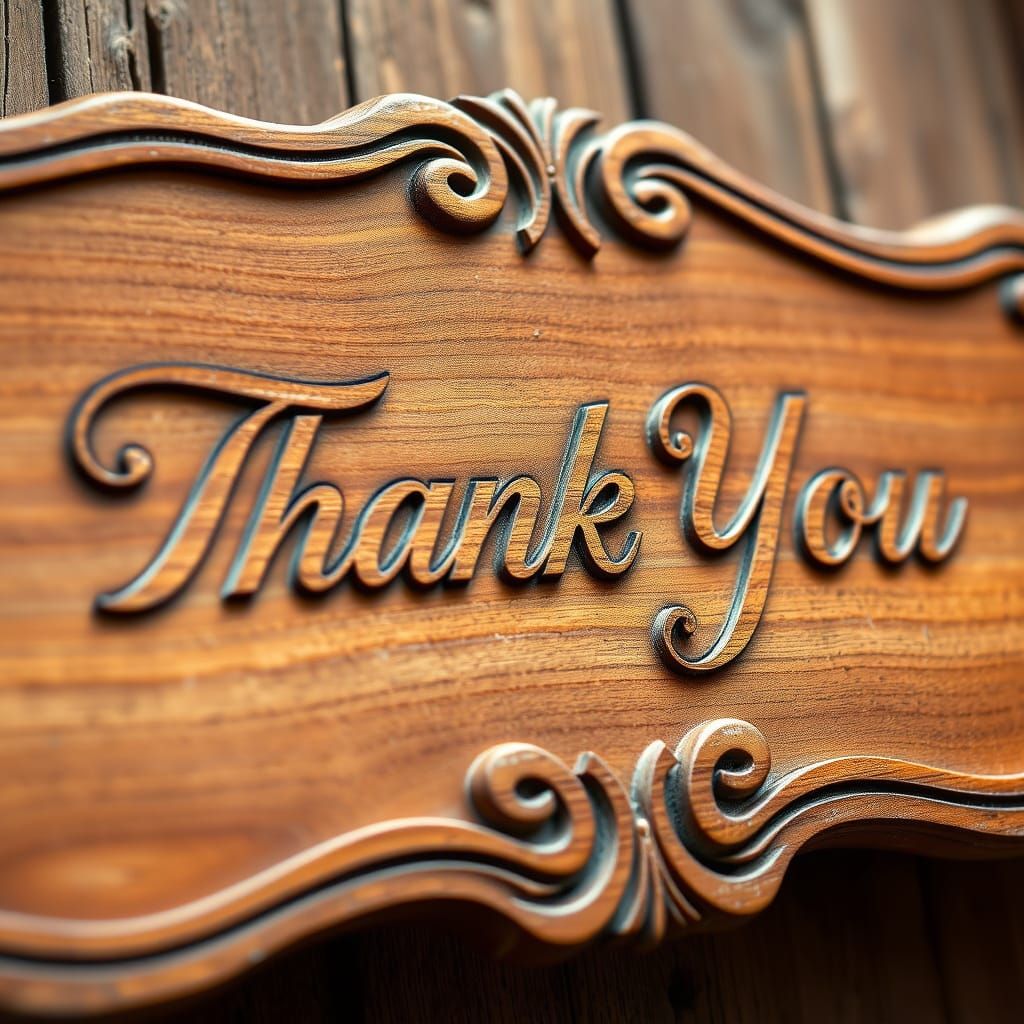 Elegant Wooden 'Thank You' Sign in Surrealist Style