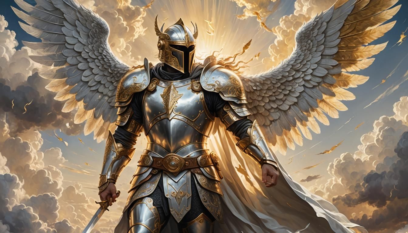 Winged Paladin in Silver Armor with Golden Runes