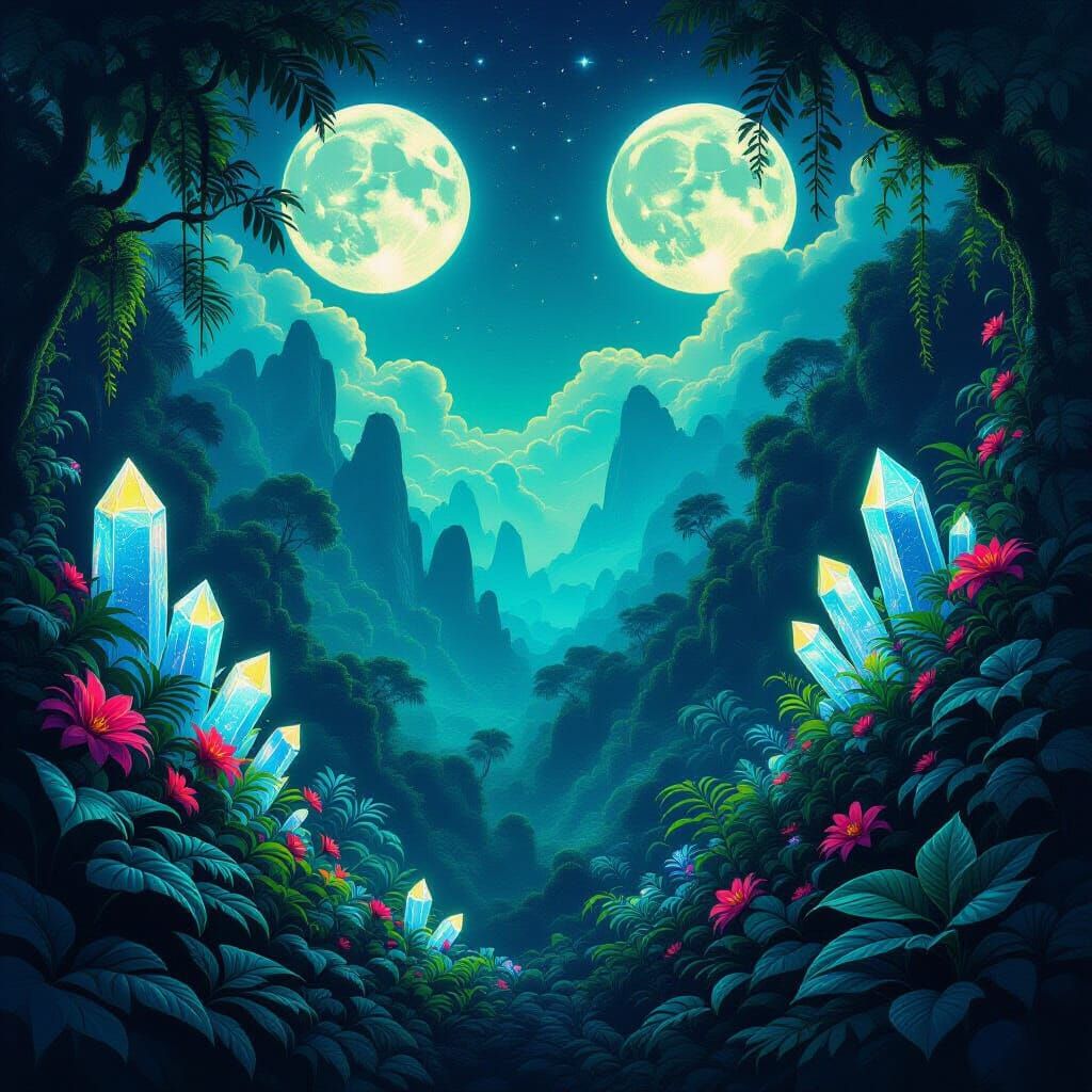 Bioluminescent Alien Jungle Under Twin Moons