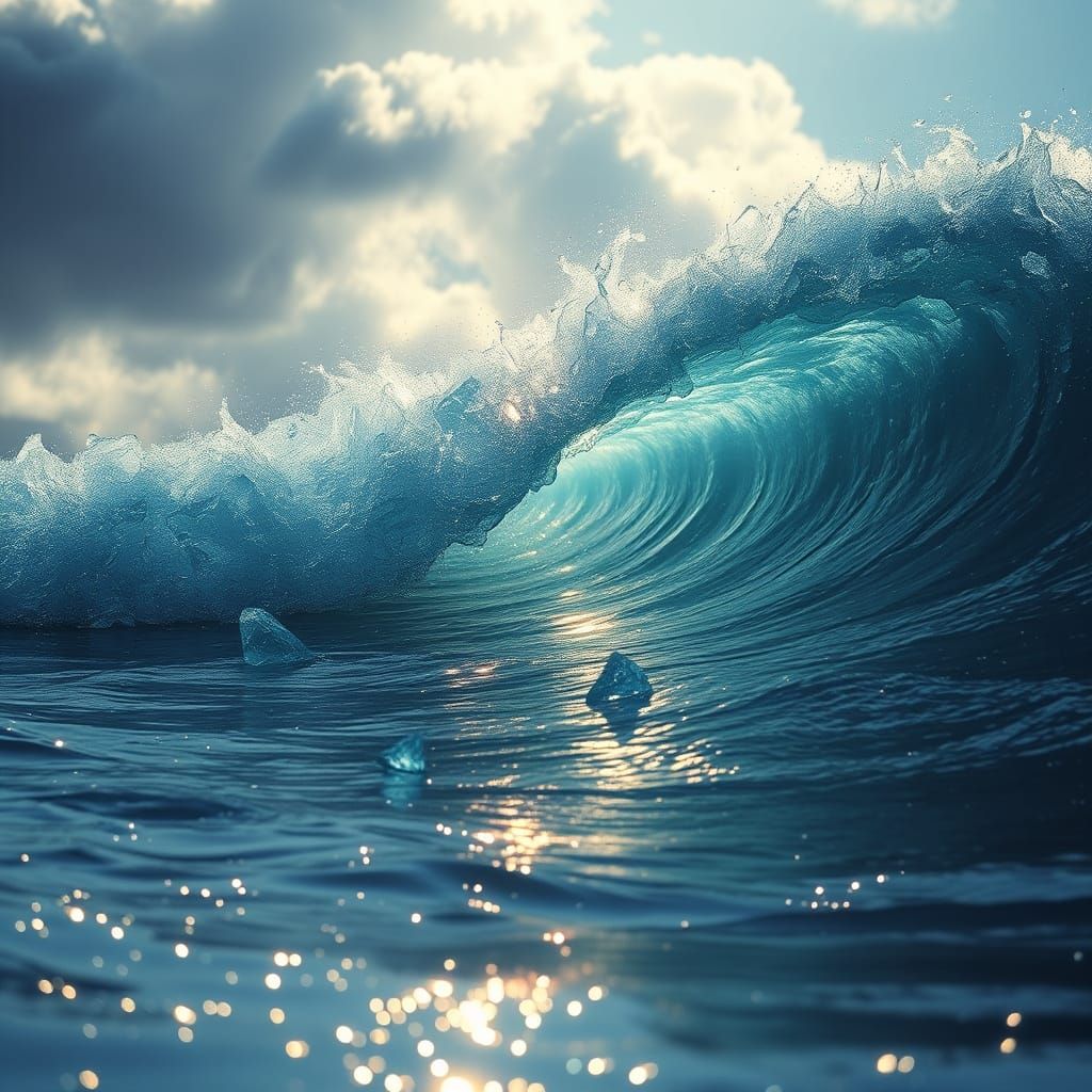 Surreal, gorgeous ocean wave rolling toward shore, made completely from shards of glistening glass in ocean colors, appe...