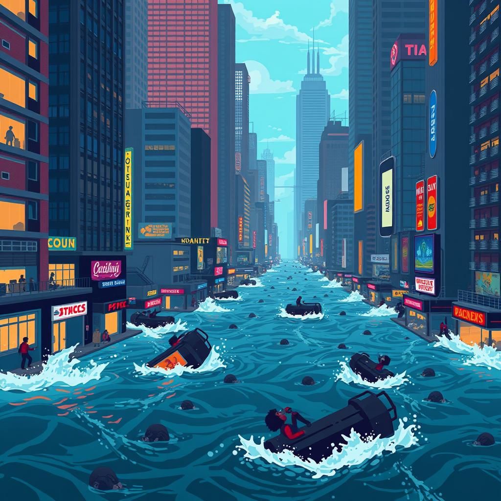 Flooded Metropolis: Pixel Art in 16-bit Style