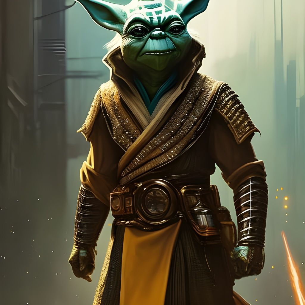 Futuristic Armored Yoda Portrait in Deep Colors