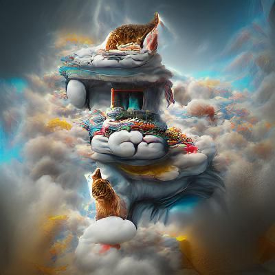 Hyperrealistic Cat Shrine in the Clouds