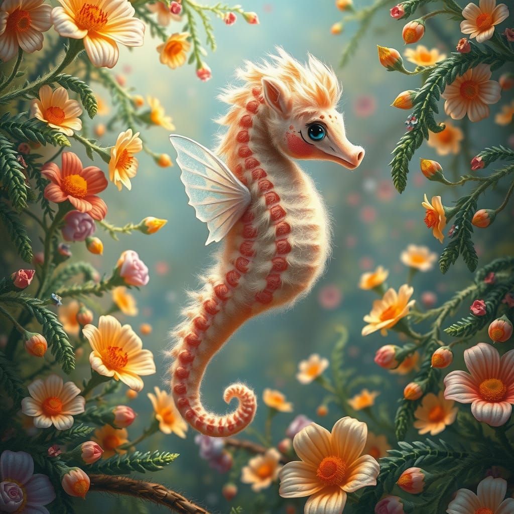 Whimsical Seahorse Soars through a Vibrant Floral Explosion