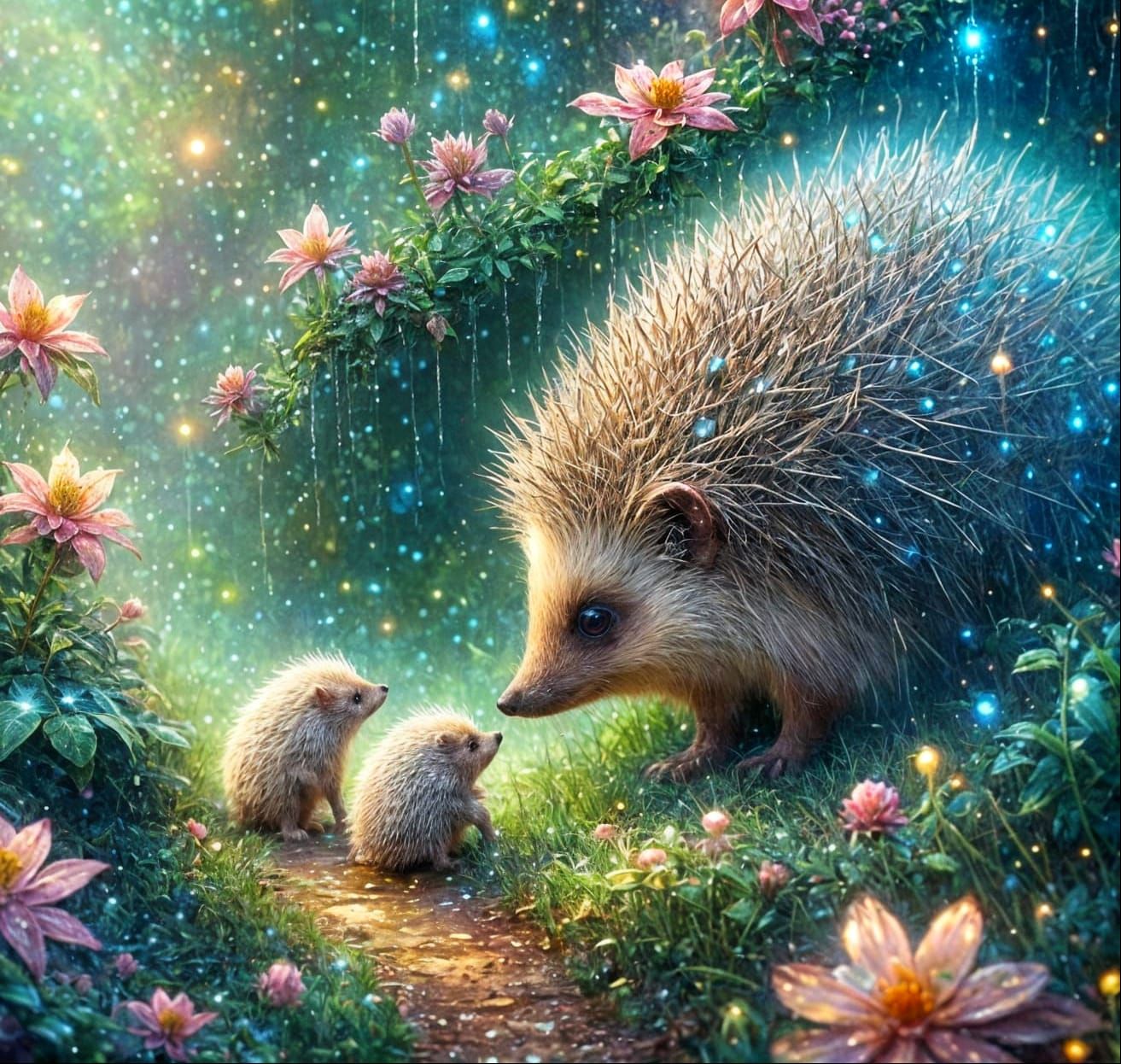 Hedgehog Family in Enchanting Garden at Dusk