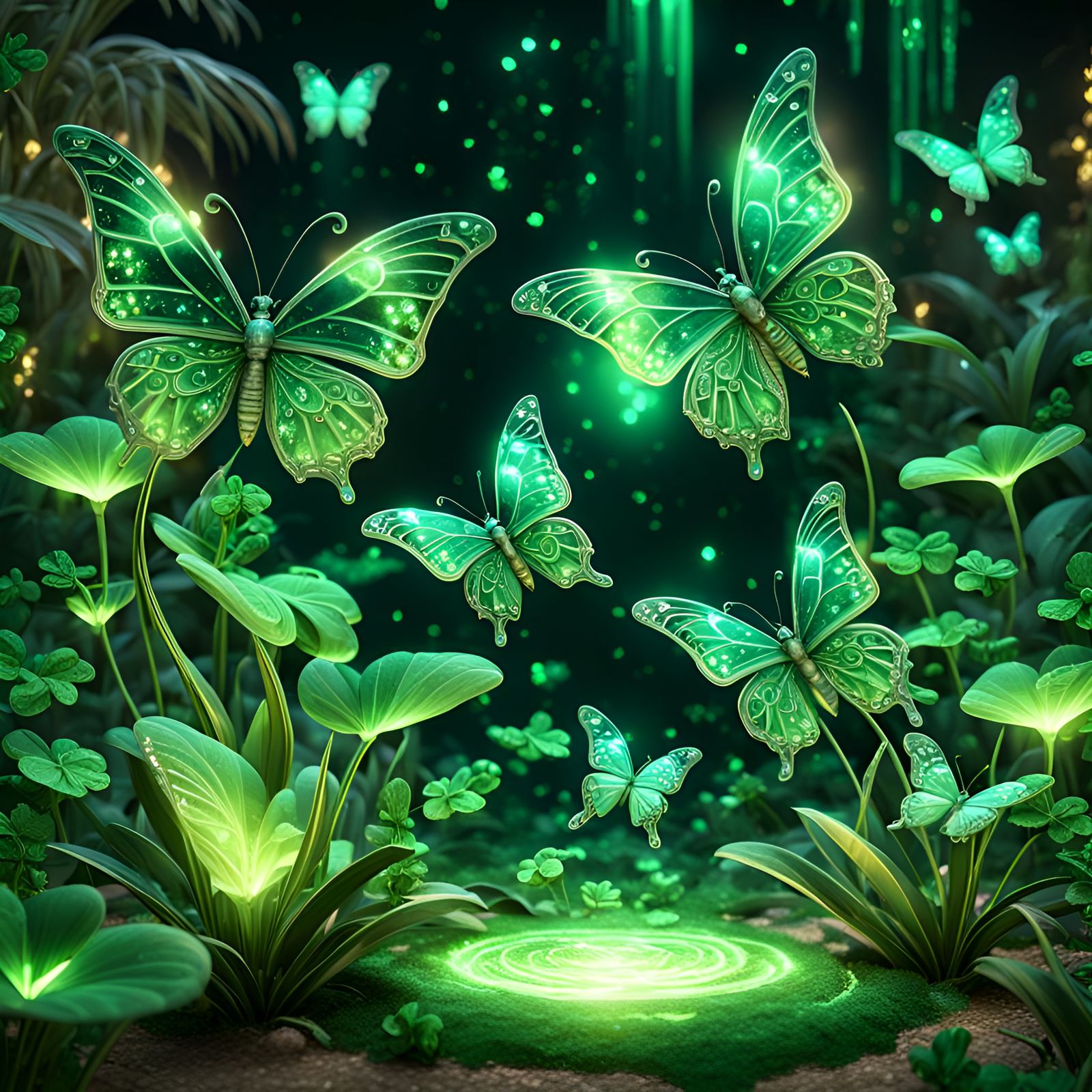 Glowing Crystal Butterflies and Clovers in Oasis