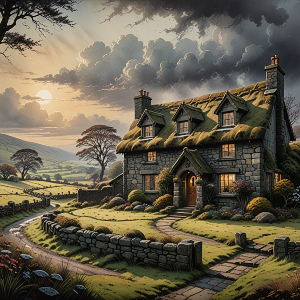 Misty Scottish Cottage Amidst Moorland Landscape in Hyperdet...