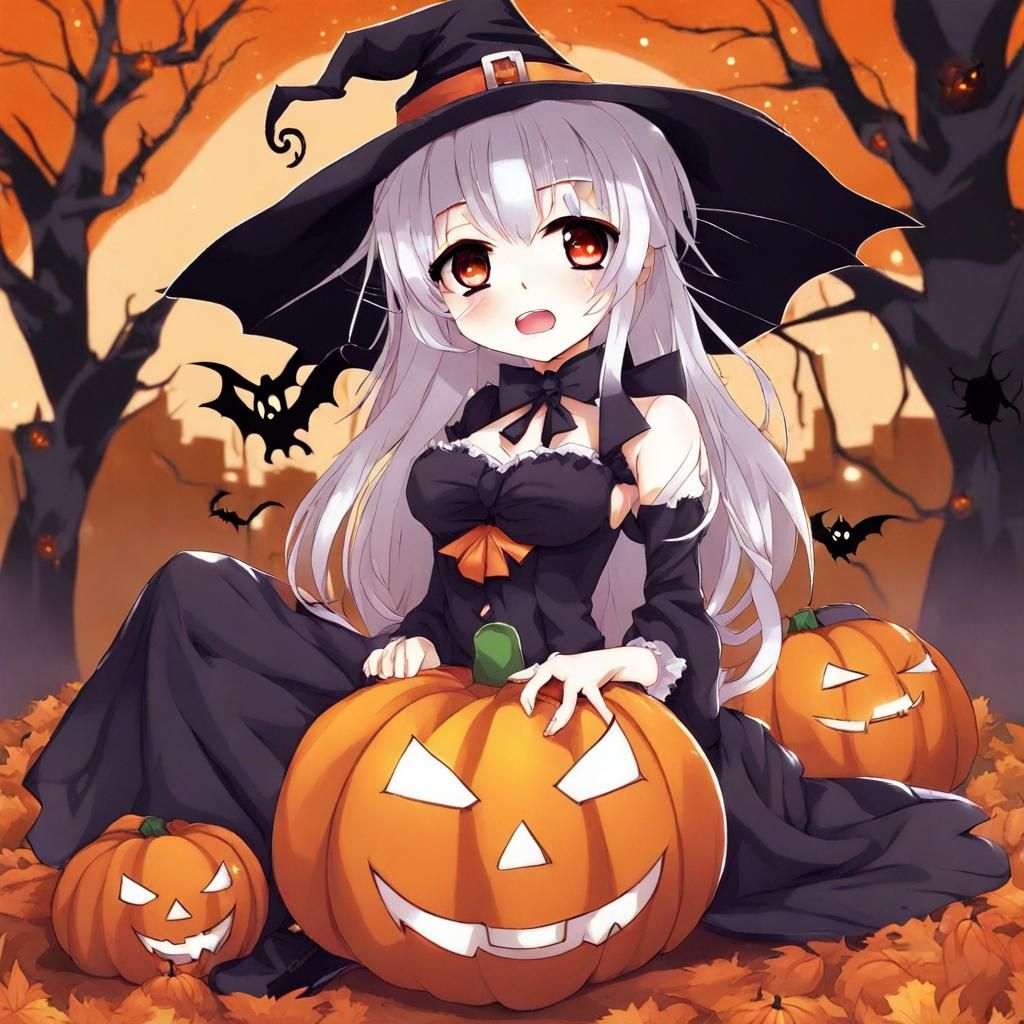 Cute Anime Halloween Girl in Manga Style