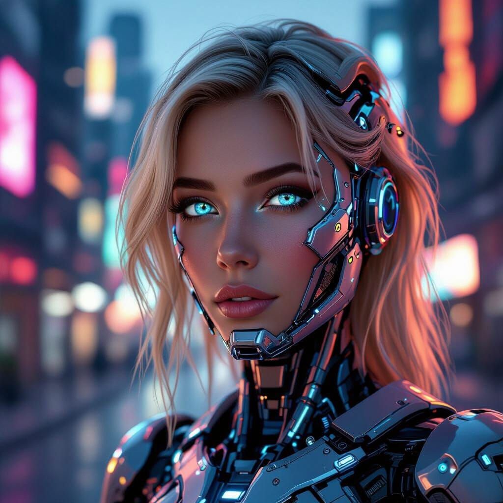 Photorealistic Cyborg Woman in Neon Cityscape
