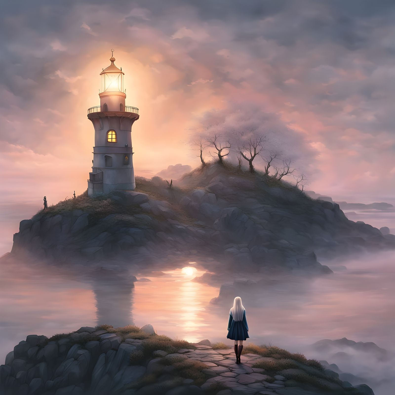 Ghibli-Inspired Lighthouse Fantasy with Glowing Ocean