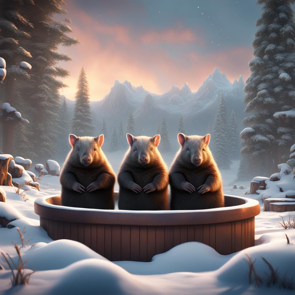 Wombats Enjoying Hot Tubs in Snowy Landscape