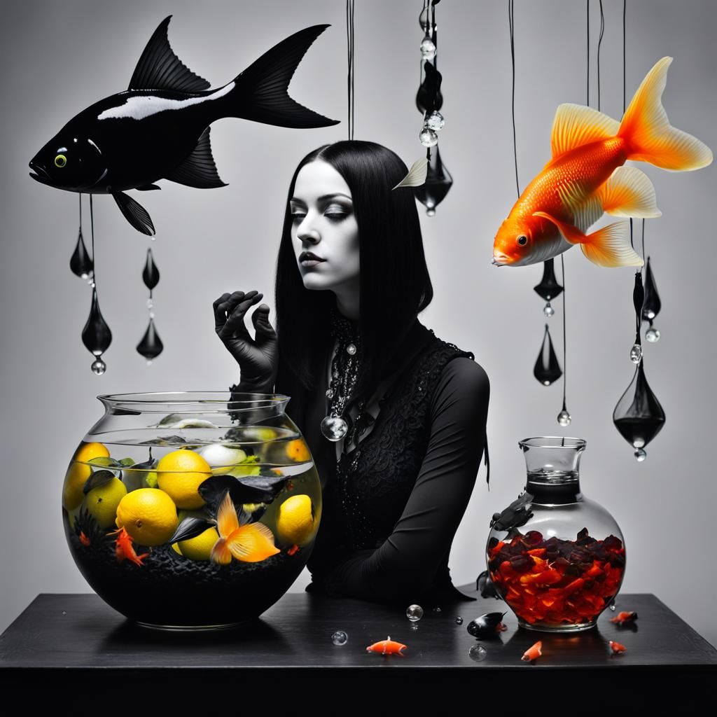 Surreal Goth Woman in Fishbowl, Rayograph Style