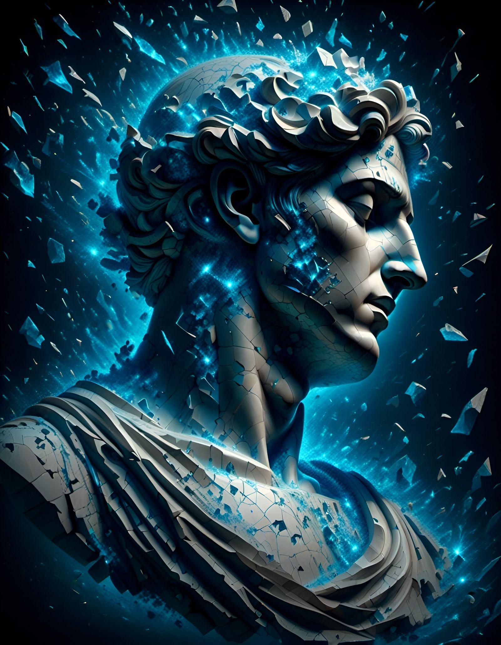 Cubist David Sculpture with Glowing Runes