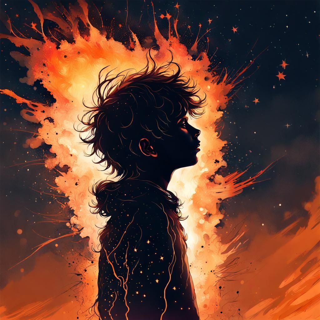 Fiery Silhouette: Boy Reaching for the Stars