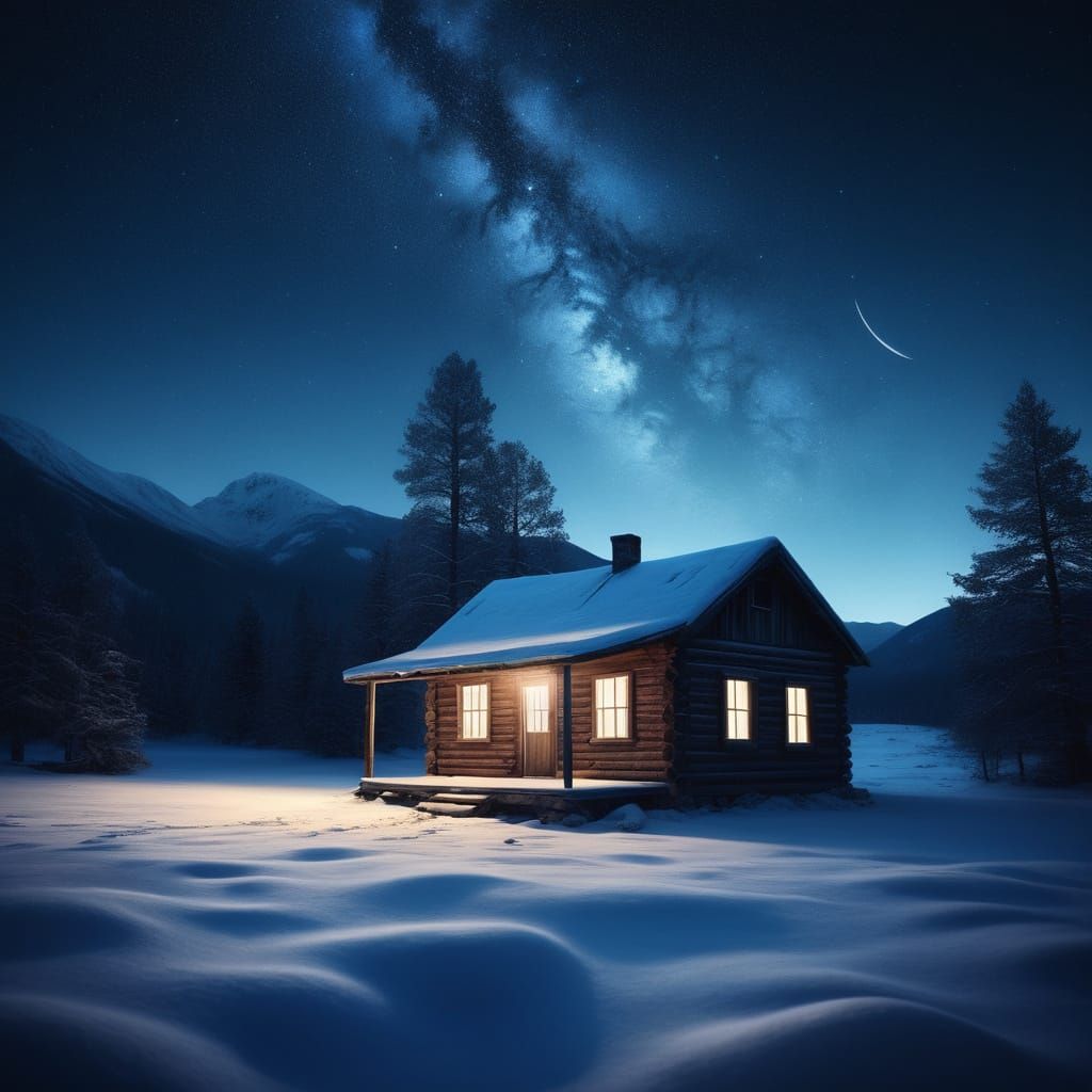 Ethereal Winter Cabin Under Starry Sky