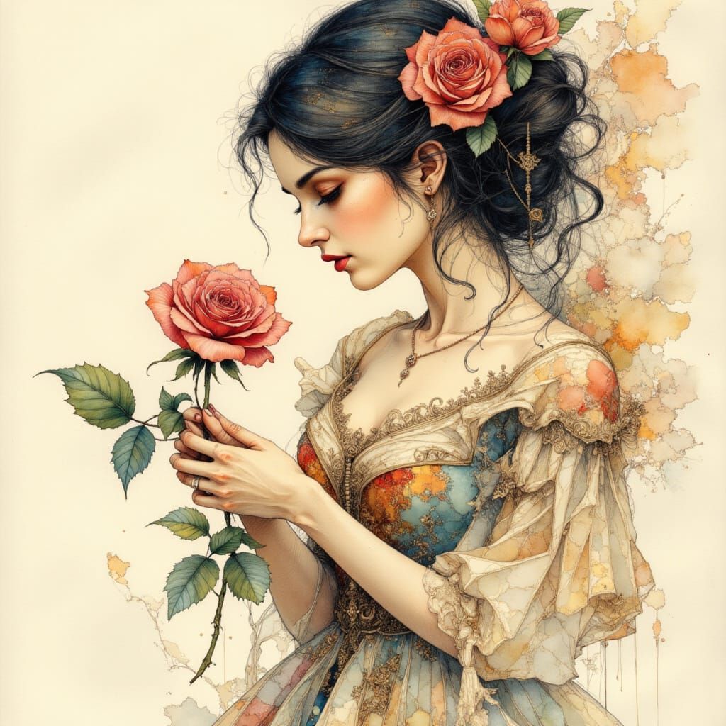 Belle with Rose: Intricate Pen and Ink Drawing