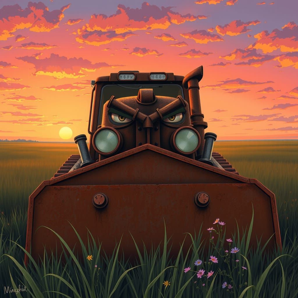 Whimsical Bulldozer Portrait with Grumpy Face at Sunset