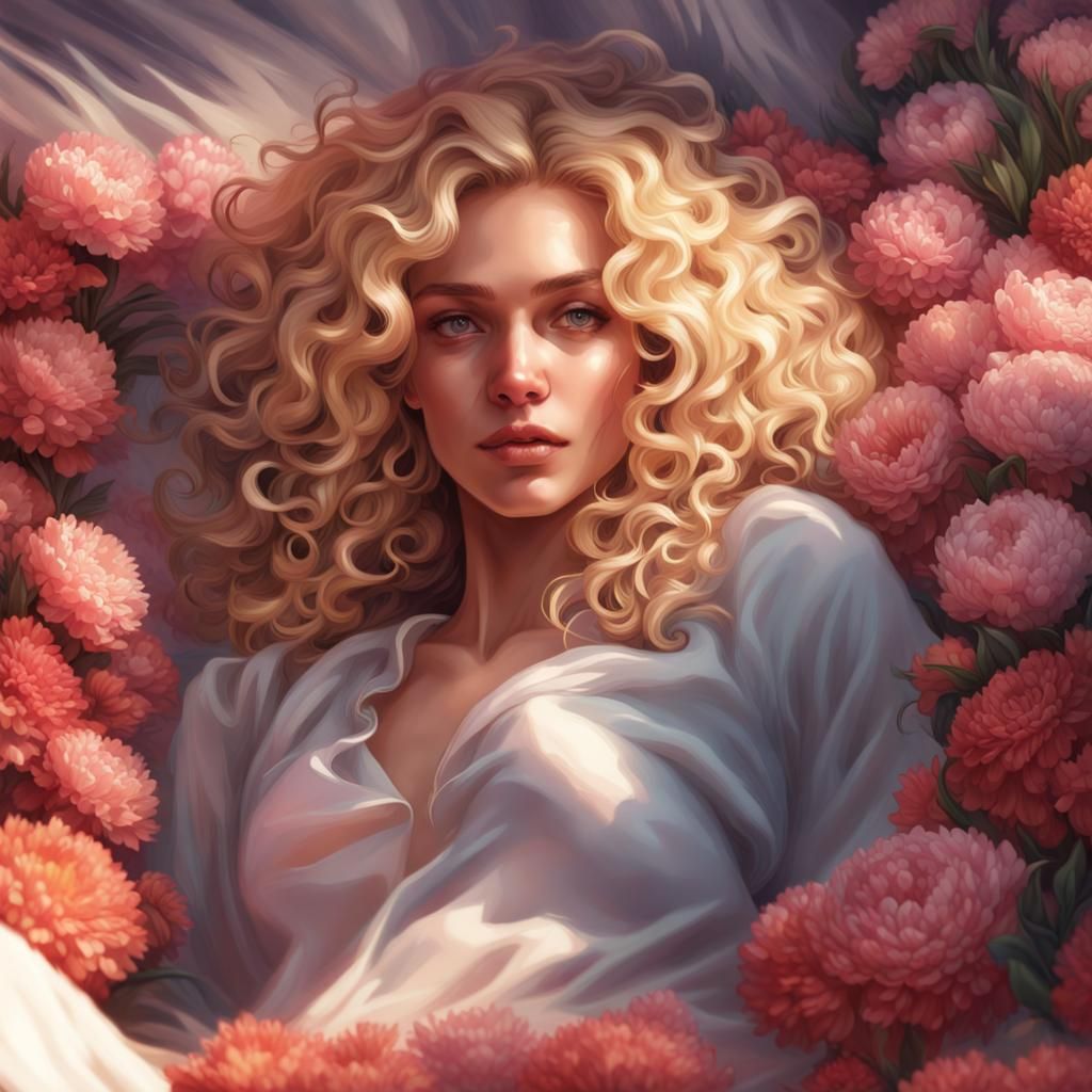 Blonde Woman in Flowers: Hyperdetailed Art Portrait