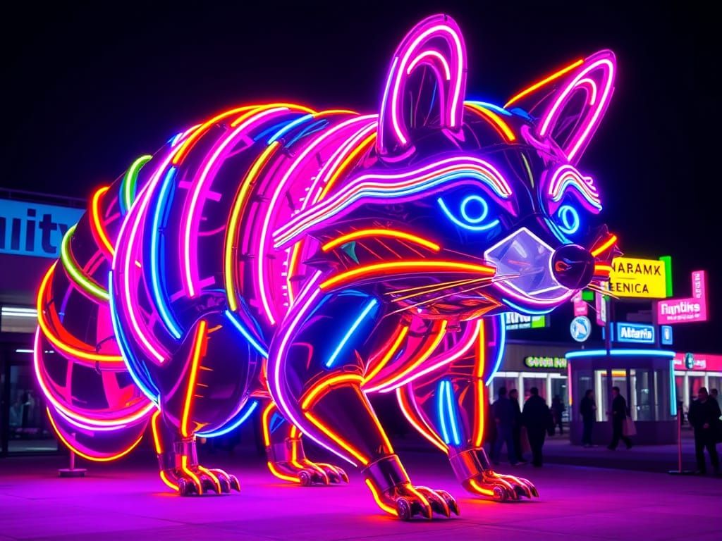 Neon Raccoon Sculpture in Futuristic Style