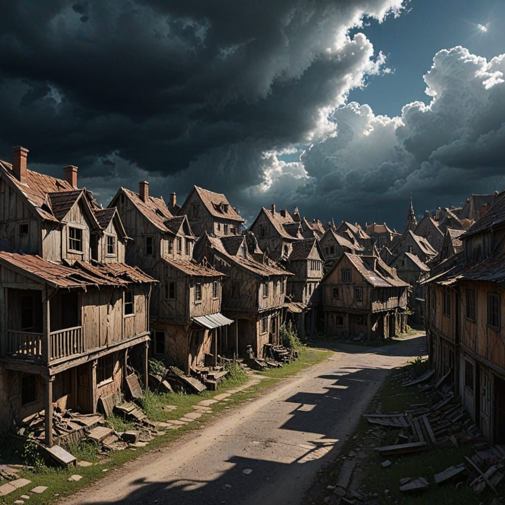 Abandoned Fantasy Village in Dark Twilight