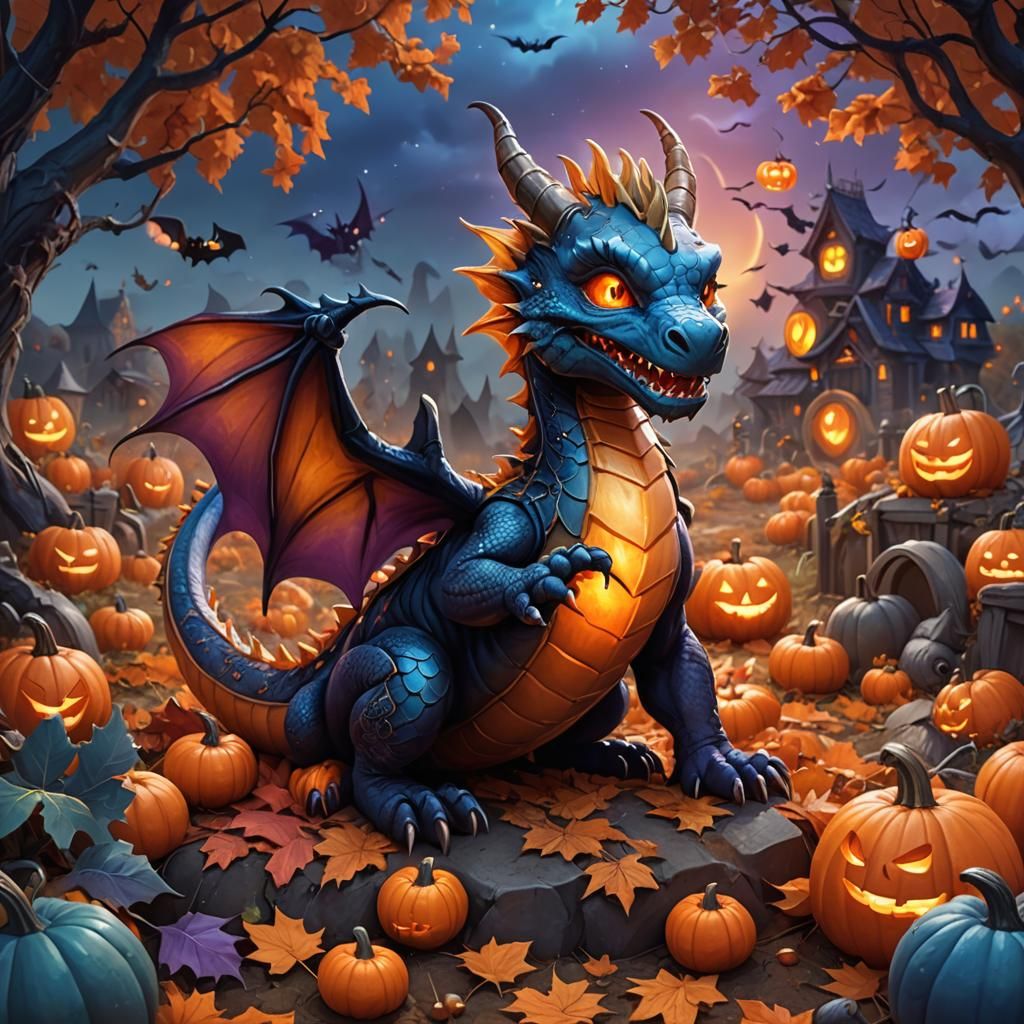 Cute Halloween Dragon in Autumn Pumpkin Patch