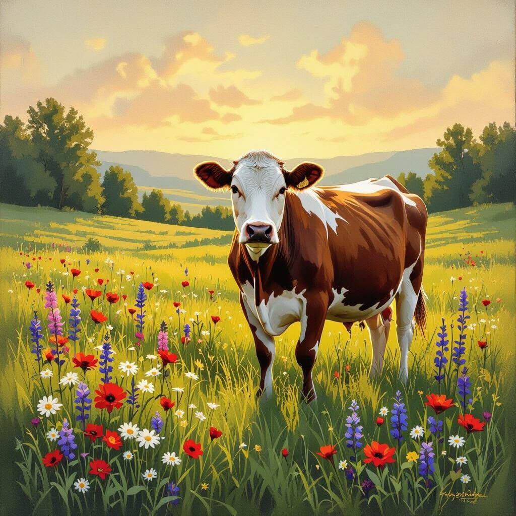 Cow in Meadow: Rustic Digital Art