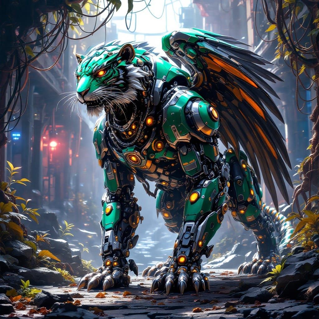 Cybernetic Tiger-Eagle Hybrid Stands Tall in Industrial Land...