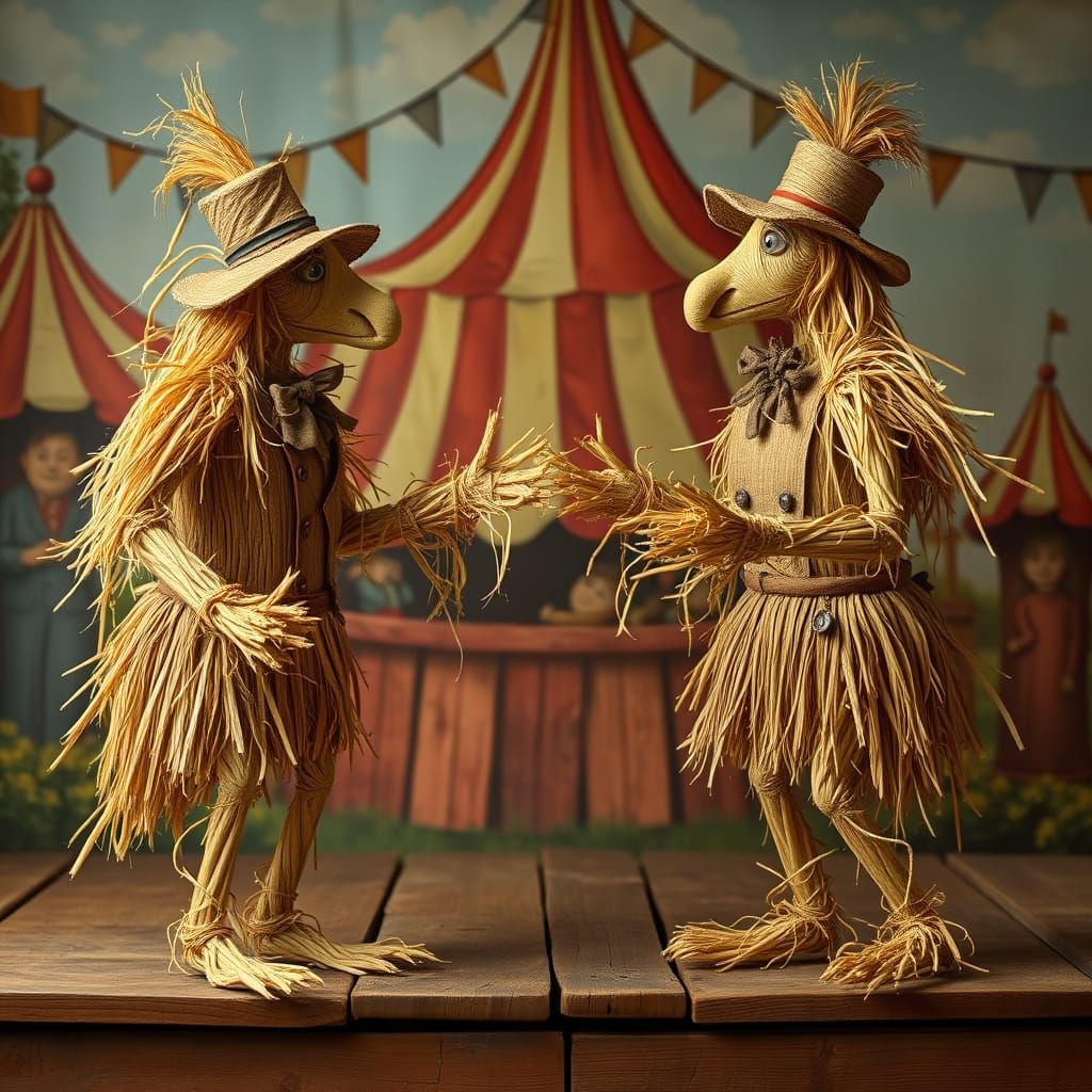 Whimsical Strawmen Engage in Heated Debate on Rustic Stage