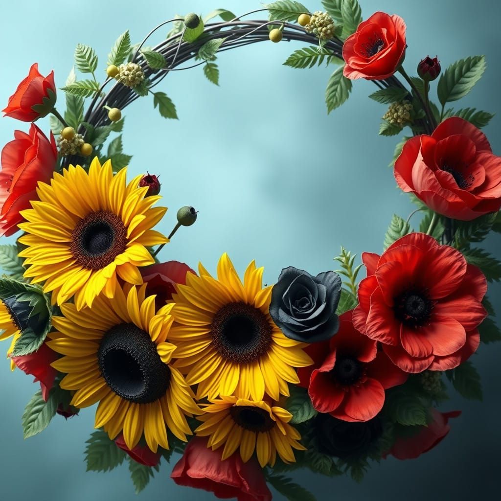 Vibrant Floral Wreath with Sunflowers, Black Roses, and Red...