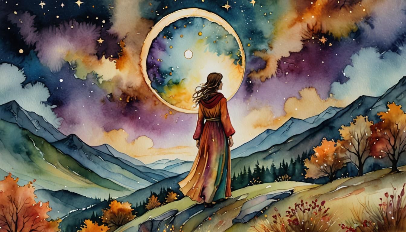 Watercolor Woman on Autumn Mountain During Lunar Eclipse
