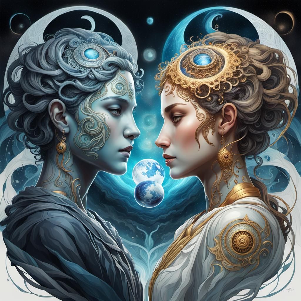 Duality Portrait in Hyperdetailed Art Nouveau Style