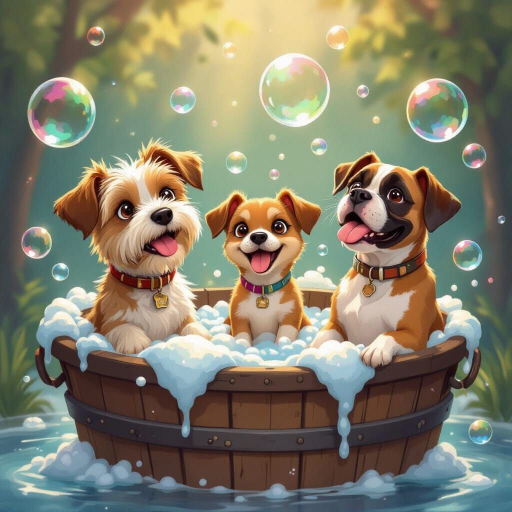 Whimsical Dogs in Bubble Tub: Digital Art Scene