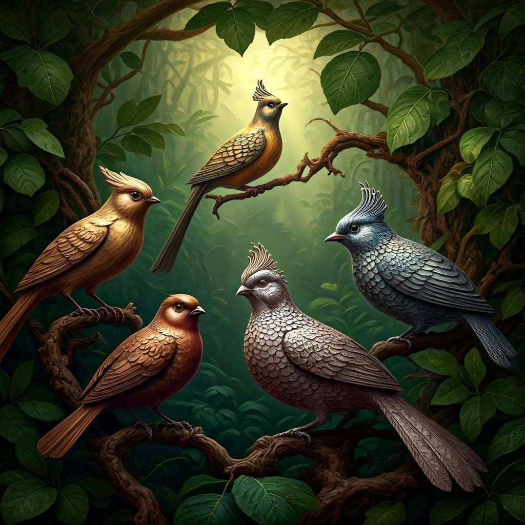 Iridescent Birds in Emerald Forest, Illustrative Art