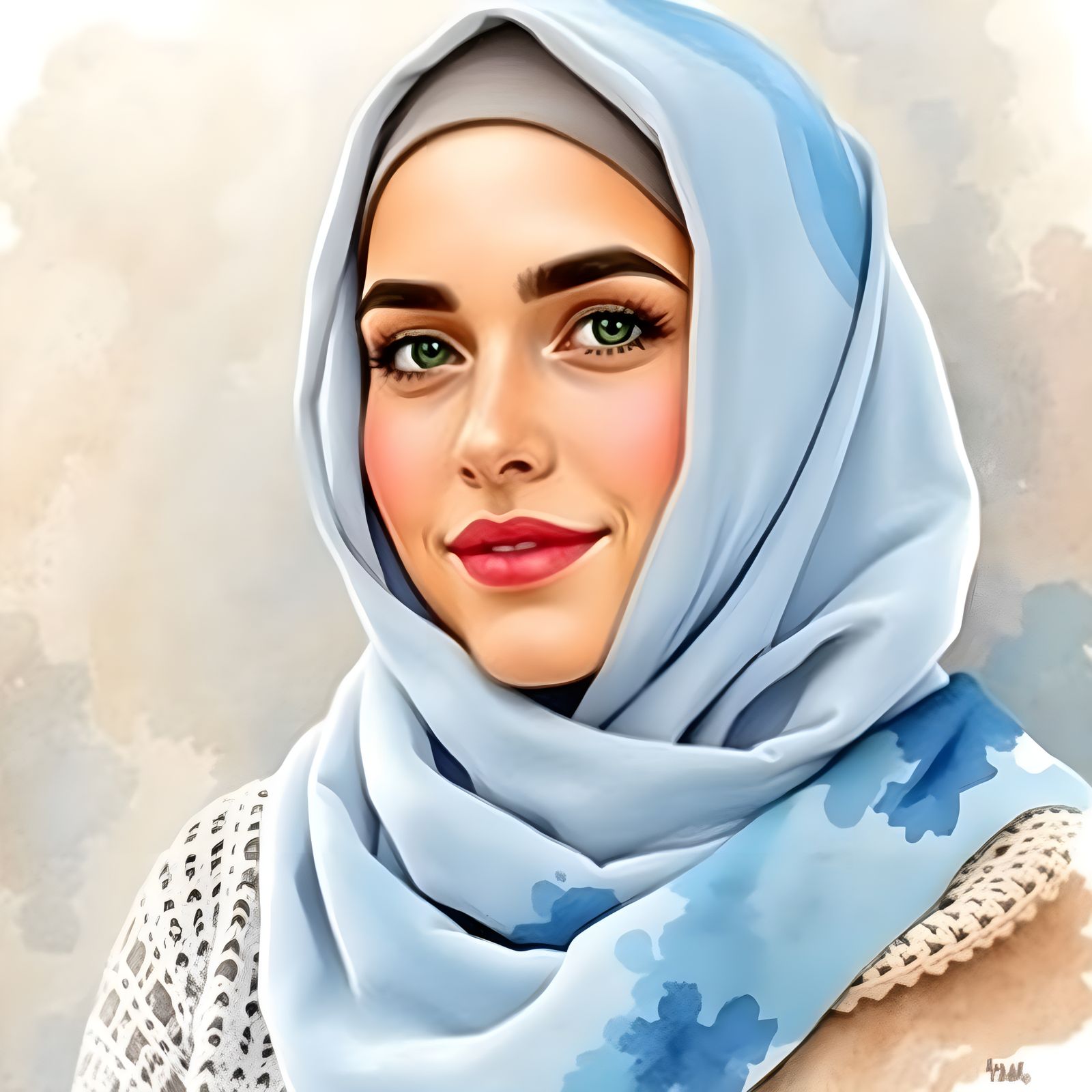Beautiful Hijabi Woman in a Delicate Watercolor Portrait